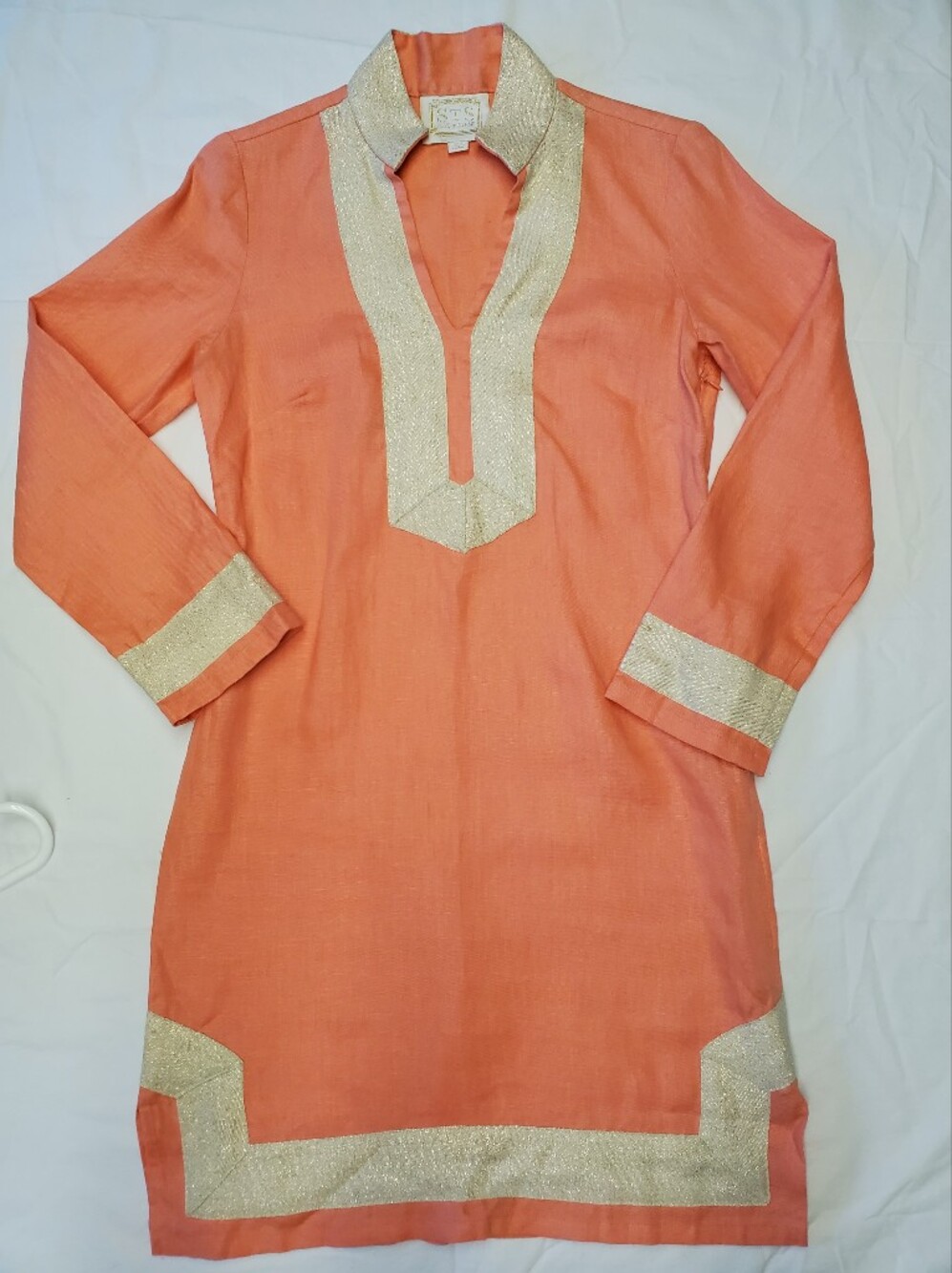 Sail to Sable Linen Tunic Dress XXS Coral Gold Metallic Trim Long Sleeve Mini